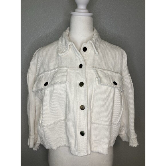 POL Jacket Womens M Ivory White Corduroy Raw Edge Cotton Trucker Puff Sleeve - Picture 1 of 11